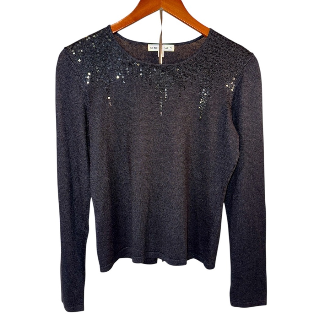 Central Falls Black Knit Crewneck Sweater Sequined Long Sleeve Size Medium